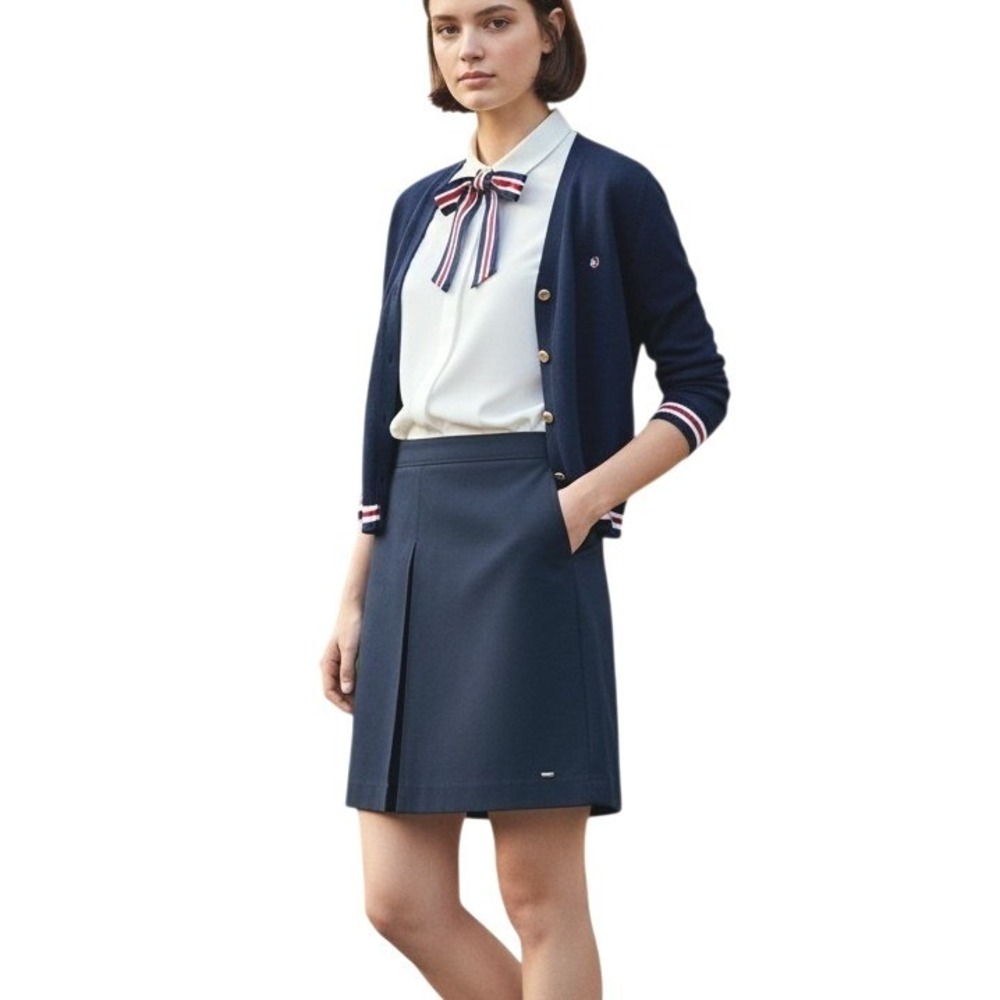 Tommy Hilfiger Navy Blue Pleated Mini Skirt Grosgrain Waist Back Zip Size 10 NEW